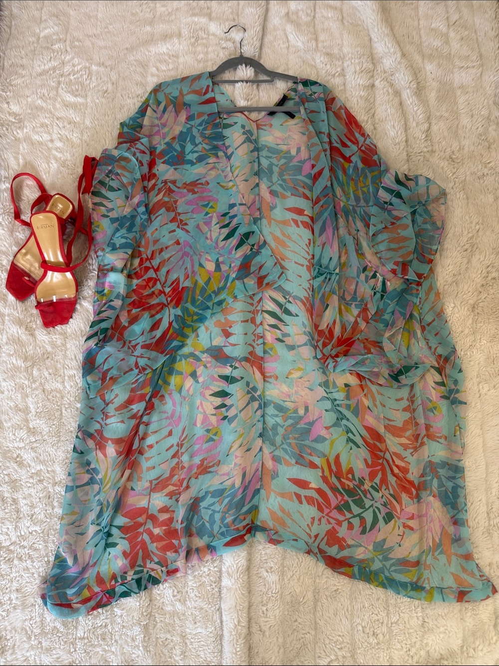 BCBGMaxAzria Teal Multi-Color Leaf Print Chiffon Swim Coverup